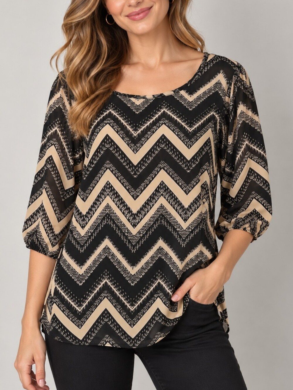VTG LIVING DOLL Zigzag Chevron Balloon Elbow Sleeve Chiffon Blouse
